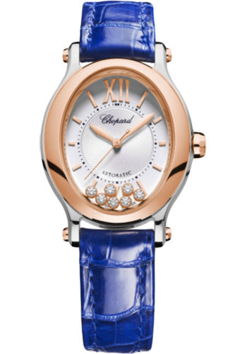 Chopard Happy Sport Oval Watch - 31.31 x 29.00 mm Rose Gold And Steel Case - Silver Dial - Blue Strap