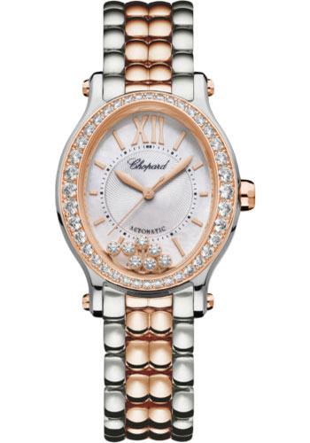 Chopard Happy Sport Oval Watch - 31.31 x 29.00 mm Rose Gold And Steel Diamond Case - Silver Dial
