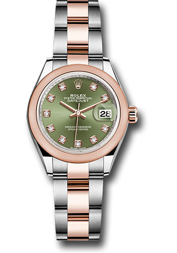 Rolex Steel and Everose Gold Rolesor Lady-Datejust 28 Watch - Domed Bezel - Olive Green Diamond Dial - Oyster Bracelet
