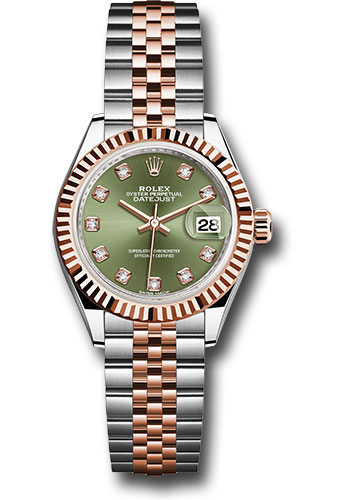 Rolex Steel and Everose Gold Rolesor Lady-Datejust 28 Watch - Fluted Bezel - Olive Green Diamond Dial - Jubilee Bracelet