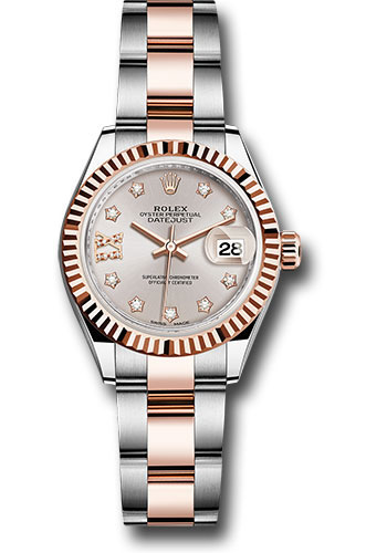 Rolex Steel and Everose Gold Rolesor Lady-Datejust 28 Watch - Fluted Bezel - Sundust Diamond Star Dial - Oyster Bracelet