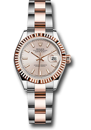 Rolex Steel and Everose Gold Rolesor Lady-Datejust 28 Watch - Fluted Bezel - Sundust Index Dial - Oyster Bracelet