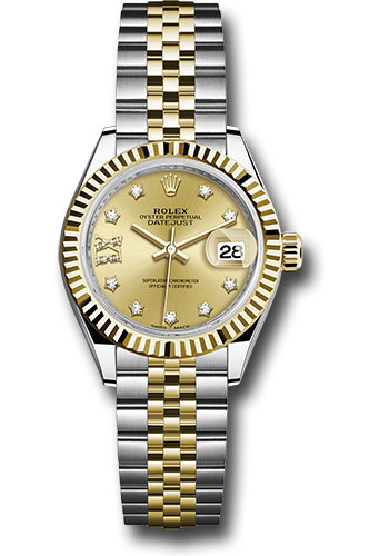 Rolex Steel and Yellow Gold Rolesor Lady-Datejust 28 Watch - Fluted Bezel - Champagne Diamond Star Dial - Jubilee Bracelet