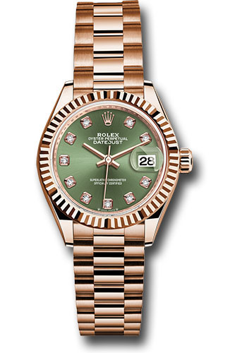 Rolex Rolex Everose Gold Lady-Datejust 28 Watch - Fluted Bezel - Olive Green Diamond Dial - President Bracelet