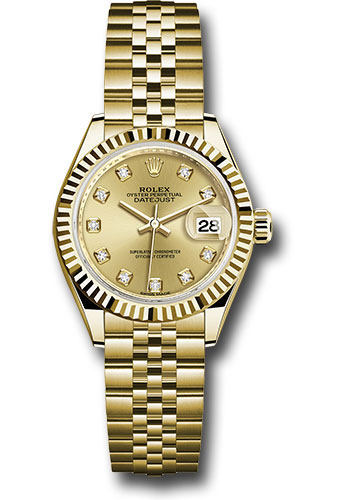 Rolex Yellow Gold Lady-Datejust 28 Watch - Fluted Bezel - Champagne Diamond Dial - Jubilee Bracelet
