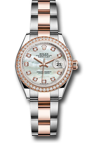 Rolex Steel and Everose Gold Rolesor Lady-Datejust 28 Watch - Diamond Bezel - White Mother-Of-Pearl Diamond Dial - Oyster Bracelet