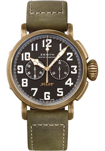 Zenith Pilot Type 20 Chronograph Extra Special Watch - Bronze - Black Dial - Green Oily Nubuck Strap