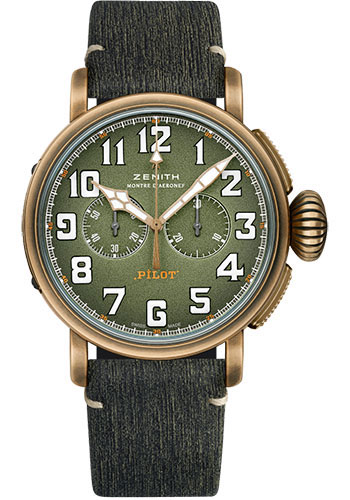 Zenith Pilot Type 20 Chronograph Adventure Watch - Bronze - Khaki Green Grained Dial - Khaki Green Matrix Calfskin Strap