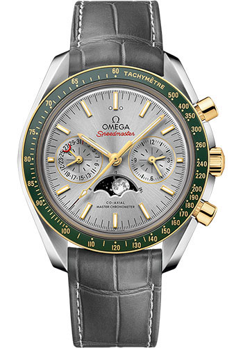 Omega Speedmaster Moonphase Master Chronometer Chronograph Watch - 44.25 mm Steel Case - Yellow Gold Bezel - Grey Diamond Dial - Grey Leather Strap