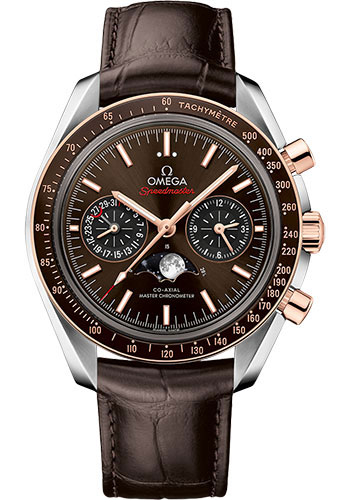 Omega Speedmaster Moonphase Master Chronometer Chronograph Watch - 44.25 mm Steel Case - Sedna Gold Bezel - Brown Diamond Dial - Brown Leather Strap