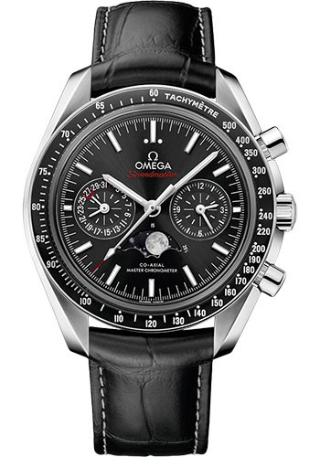 Omega Speedmaster Moonphase Master Chronometer Chronograph Watch - 44.25 mm Steel Case - Black Liquid Metal Bezel - Black Dial - Black Leather Strap