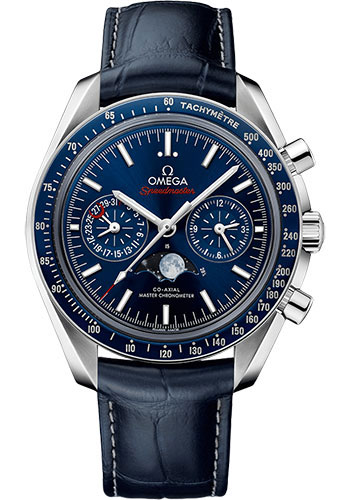 Omega Speedmaster Moonphase Master Chronometer Chronograph Watch - 44.25 mm Steel Case - Blue Liquid Metal Bezel - Blue Dial - Blue Leather Strap