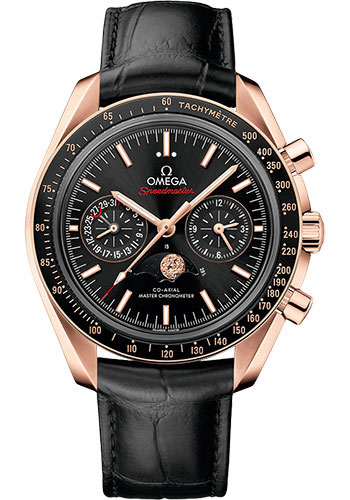 Omega Speedmaster Moonphase Master Chronometer Chronograph Watch - 44.25 mm Sedna Gold Case - Black Diamond Dial - Black Leather Strap
