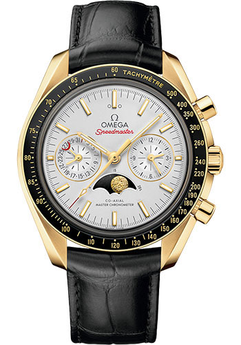 Omega Speedmaster Moonphase Master Chronometer Chronograph Watch - 44.25 mm Yellow Gold Case - Silvery Diamond Dial - Black Leather Strap