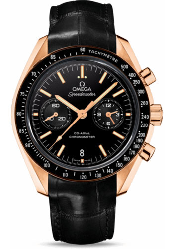 Omega Speedmaster Moonwatch Co-Axial Chronograph Watch - 44.25 mm Orange Gold Case - Tachymeter Bezel - Black Dial - Black Leather Strap