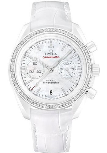 Omega Speedmaster Moonwatch Co-Axial Chronograph White Side of the Moon Watch - 44.25 mm White Ceramic Case - Diamond-Set Ceramic Bezel - Mother-Of-Pearl Dial - White Leather Strap