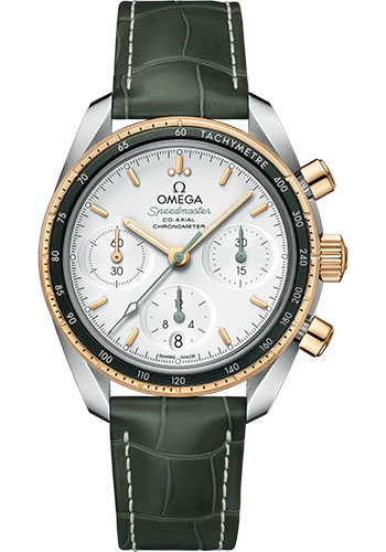 Omega Speedmaster 38 Co-Axial Chronograph Watch - 38 mm Steel And Yellow Gold Case - Silvery Dial - Green Leather Strap