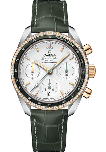 Omega Speedmaster 38 Co-Axial Chronograph Watch - 38 mm Steel And Yellow Gold Case - Dual Diamond Bezel - Silvery Dial - Green Leather Strap