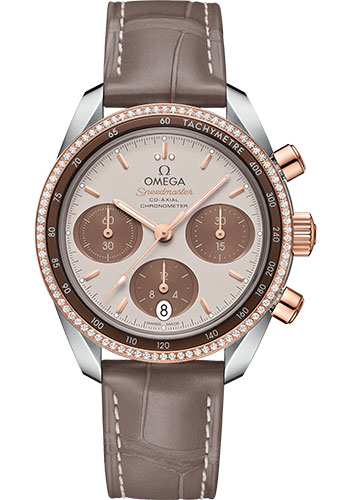 Omega Speedmaster 38 Co-Axial Chronograph Watch - 38 mm Steel And Sedna Gold Case - Dual Diamond Bezel - Cappuccino Dial - Taupe-Brown Leather Strap