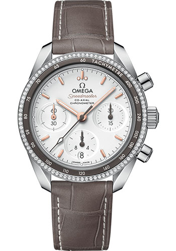 Omega Speedmaster 38 Co-Axial Chronograph Watch - 38 mm Steel Case - Dual Diamond Bezel - Silvery Dial - Taupe-Brown Leather Strap