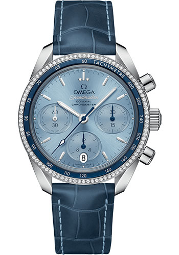 Omega Speedmaster 38 Co-Axial Chronograph Watch - 38 mm Steel Case - Dual Diamond Bezel - Ice Blue Dial - Blue Leather Strap