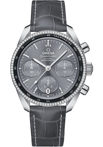 Omega Speedmaster Co-Axial Chronograph Watch - 38 mm Steel Case - Dual Diamond Bezel - Sun Brushed Grey Dial - Grey Leather Strap