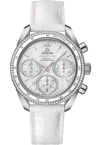 Omega Speedmaster 38 Co-Axial Chronograph Watch - 38 mm Steel Case - Dual Diamond Bezel - Mother-Of-Pearl Diamond Dial - White Leather Strap