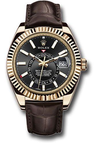 Rolex Yellow Gold Sky-Dweller Watch - Black Index Dial - Brown Leather Strap