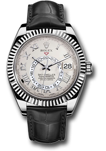 Rolex White Gold Sky-Dweller Watch - Ivory Roman Dial - Black Leather Strap