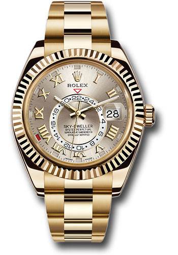 Rolex Yellow Gold Sky-Dweller Watch - Silver Sunray Roman Dial - Gold Bracelet