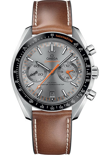 Omega Speedmaster Racing Co-Axial Master Chronograph Watch - 44.25 mm Steel Case - Black Ceramic Bezel - Sun Brushed Grey Dial - Brown Leather Strap