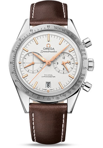 Omega Speedmaster '57 Omega Co-Axial Chronograph Watch - 41.5 mm Steel Case - Brushed Bezel - Silver Dial - Brown Leather Strap