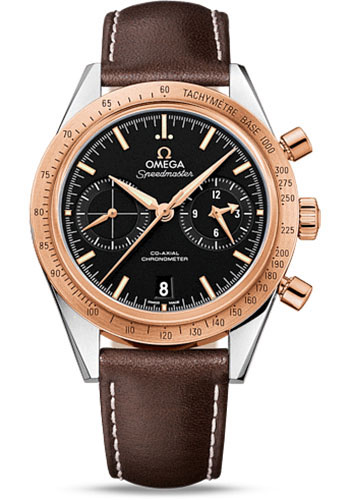 Omega Speedmaster '57 Omega Co-Axial Chronograph Watch - 41.5 mm Steel Case - Brushed Red Gold Bezel - Black Dial - Brown Leather Strap