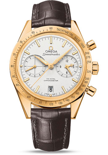 Omega Speedmaster '57 Omega Co-Axial Chronograph Watch - 41.5 mm Yellow Gold Case - Brushed Bezel - Silver Dial - Brown Leather Strap