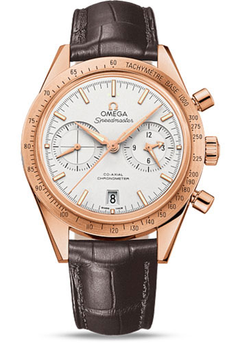Omega Speedmaster '57 Omega Co-Axial Chronograph Watch - 41.5 mm Red Gold Case - Brushed Bezel - Silver Dial - Brown Leather Strap