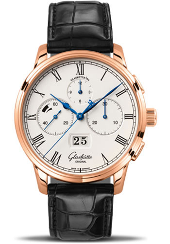 Glashütte Original Senator Chronograph Panorama Date - Red Gold Case - Silver Dial - Black Alligator Strap - Folding Buckle