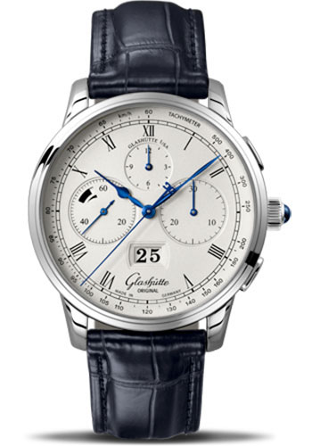 Glashütte Original Senator Chronograph Panorama Date - Platinium Case - Made Of With Hand Silver Plating Friction Dial - Blue Alligator Strap - Folding Buckle