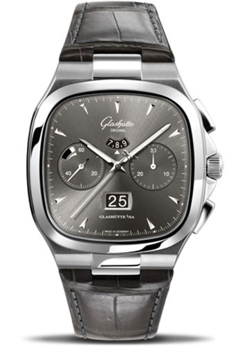 Glashütte Original Seventies Chronograph Panorama Date - Steel Case - Ruthenium Dial - Grey Alligator Strap - Folding Buckle
