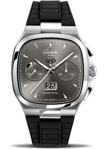 Glashütte Original Seventies Chronograph Panorama Date - Steel Case - Ruthenium Dial - Black Rubber Strap - Folding Buckle