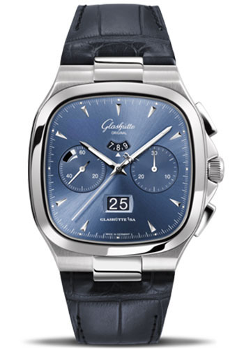 Glashütte Original Seventies Chronograph Panorama Date - Steel Case - Blue Dial - Blue Alligator Strap - Folding Buckle