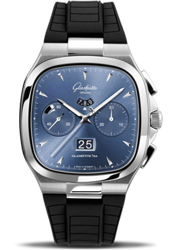 Glashütte Original Seventies Chronograph Panorama Date - Steel Case - Blue Dial - Black Rubber Strap - Folding Buckle