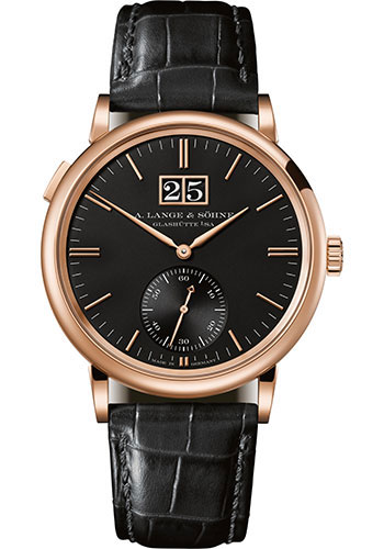 A. Lange & Söhne Saxonia Outsize Date Watch - 38.5mm Pink Gold Case - Black Dial - Black Strap