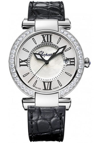 Chopard Imperiale Watch - 36 mm Steel Case - Diamond Bezel - Mother-of-Pearl Dial - Black Leather Strap