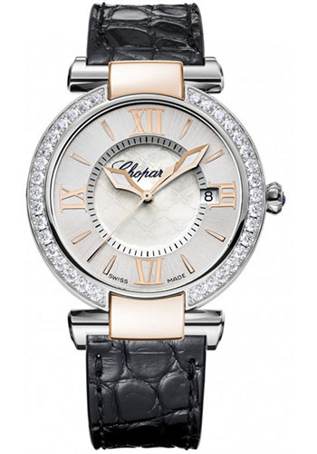 Chopard Imperiale Watch - 36 mm Steel And Rose Gold Case - Diamond Bezel - Mother-of-Pearl Dial - Black Leather Strap