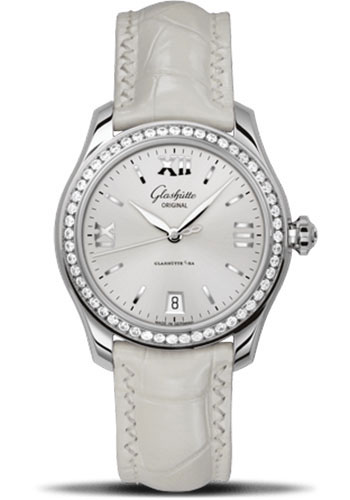 Glashütte Original Lady Serenade - Steel Case - Diamond Bezel - Silver Dial - White And Beige Alligator Strap - Folding Buckle
