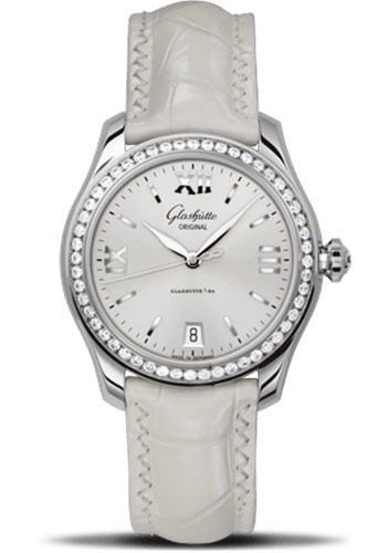 Glashütte Original Lady Serenade - Steel Case - Diamond Bezel - Silver Dial - White And Beige Alligator Strap - Pin Buckle