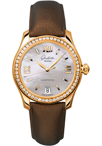 Glashütte Original Lady Serenade - Rose Gold Case - Diamond Bezel - Mother-Of-Pearl Silver Dial - Brown Calfskin Strap - Pin Buckle