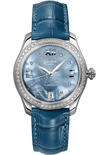 Glashütte Original Lady Serenade - Steel Case - Diamond Bezel - Mother-Of-Pearl Blue Dial - Blue Alligator Strap - Folding Buckle