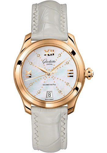 Glashütte Original Lady Serenade - Rose Gold Case - Mother-Of-Pearl White Dial - White And Beige Alligator Strap - Folding Buckle