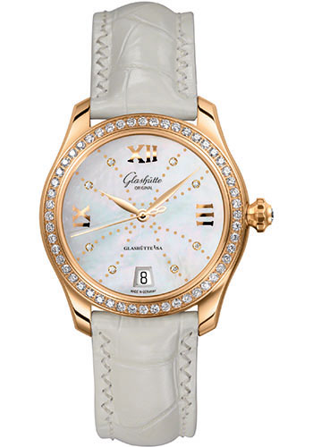 Glashütte Original Lady Serenade - Rose Gold Case - Diamond Bezel - Mother-Of-Pearl White Dial - White And Beige Alligator Strap - Folding Buckle